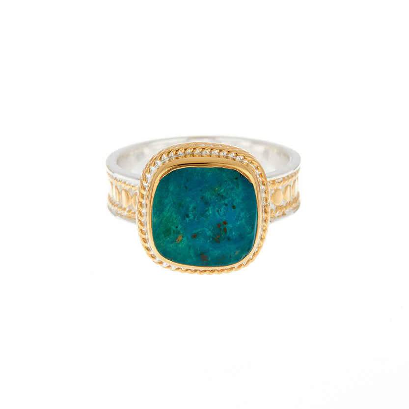 Malachite Chrysocolla Square Cocktail Ring - Gold