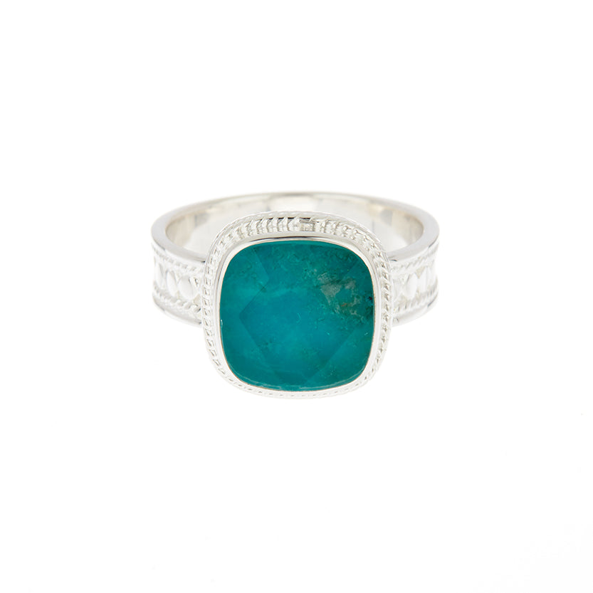 Malachite Chrysocolla Square Cocktail Ring - Silver