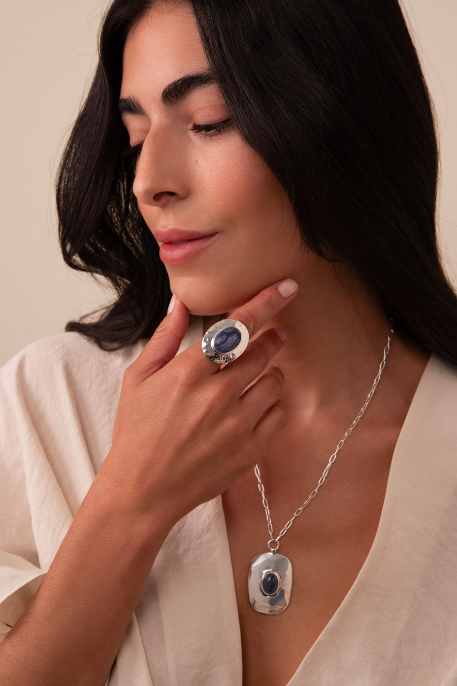 Large Wavy Oval Dumortierite Ring - Silver