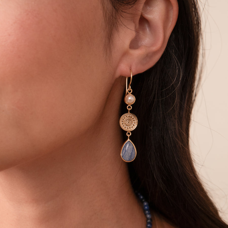 Dumortierite and Pearl Triple Drop Earrings