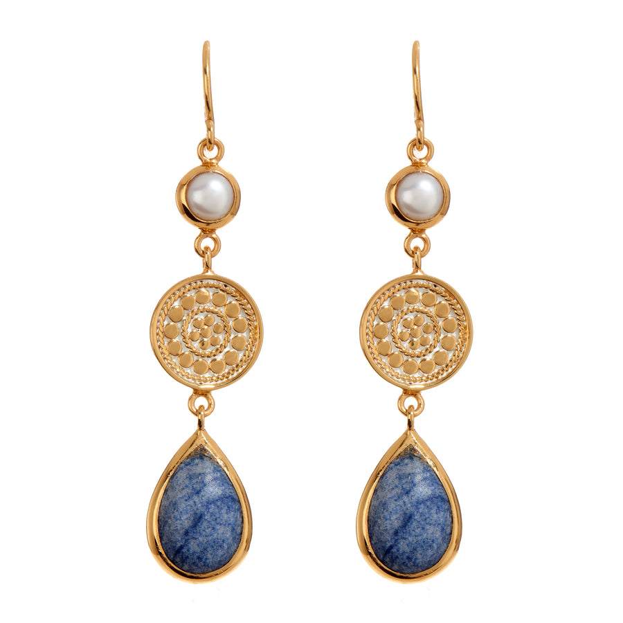 Triple Drop Dumortierite and Pearl Earrings - Gold