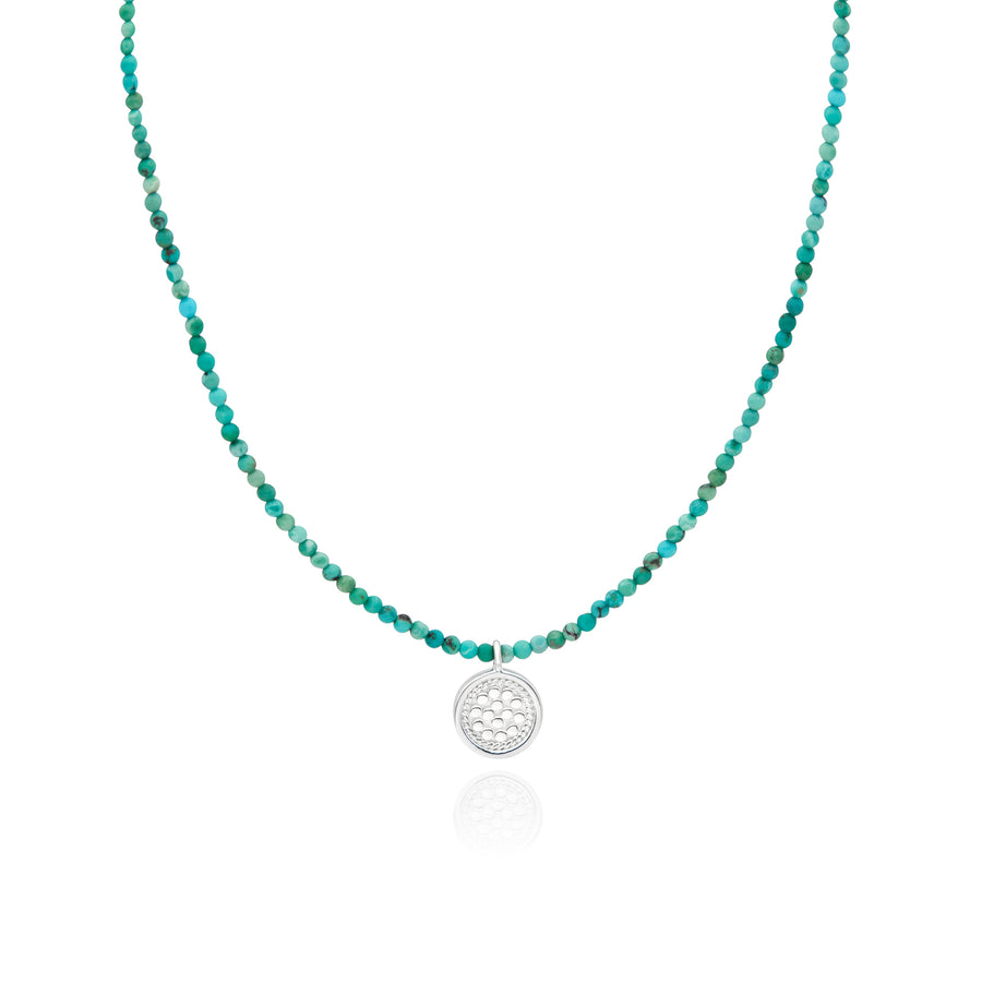 Beaded Turquoise Circle Pendant Necklace - Silver