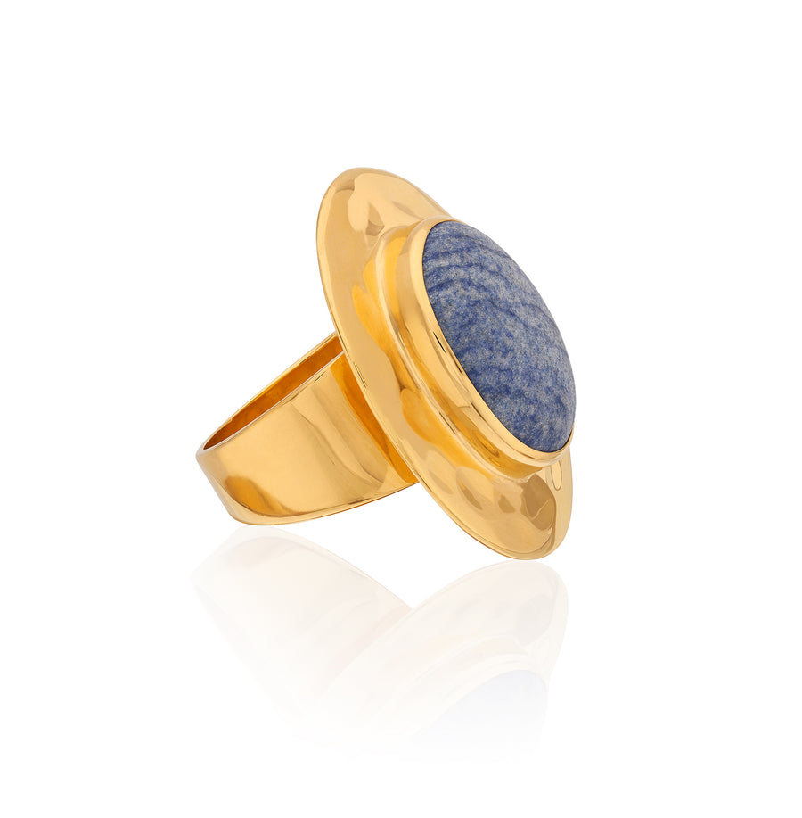 Large Wavy Oval Dumortierite Ring - Gold