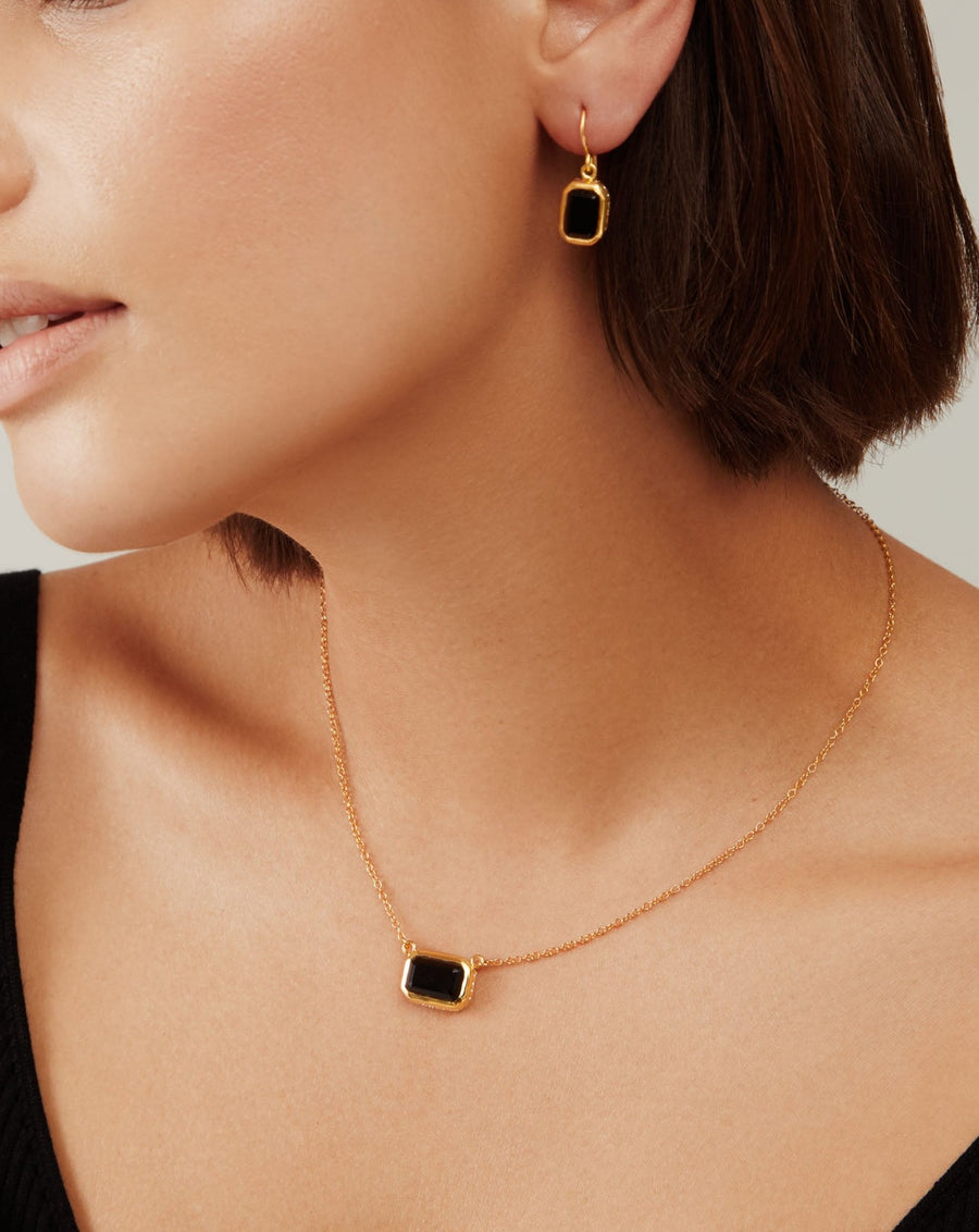 Small Black Onyx Rectangle Necklace - Gold