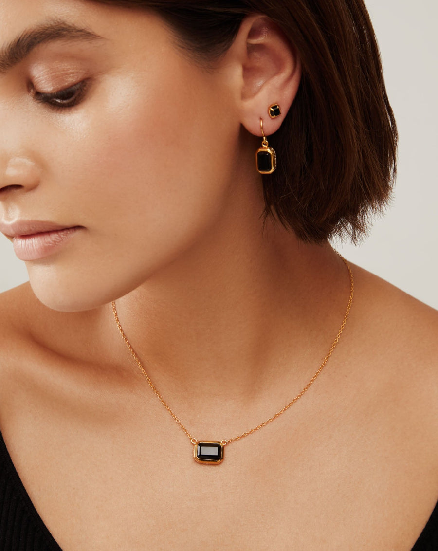 Small Black Onyx Rectangle Necklace - Gold